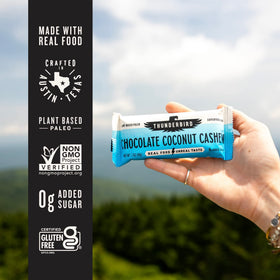 Thunderbird Real Food Bars packaging badges highlight gluten-free paleo vegan.
