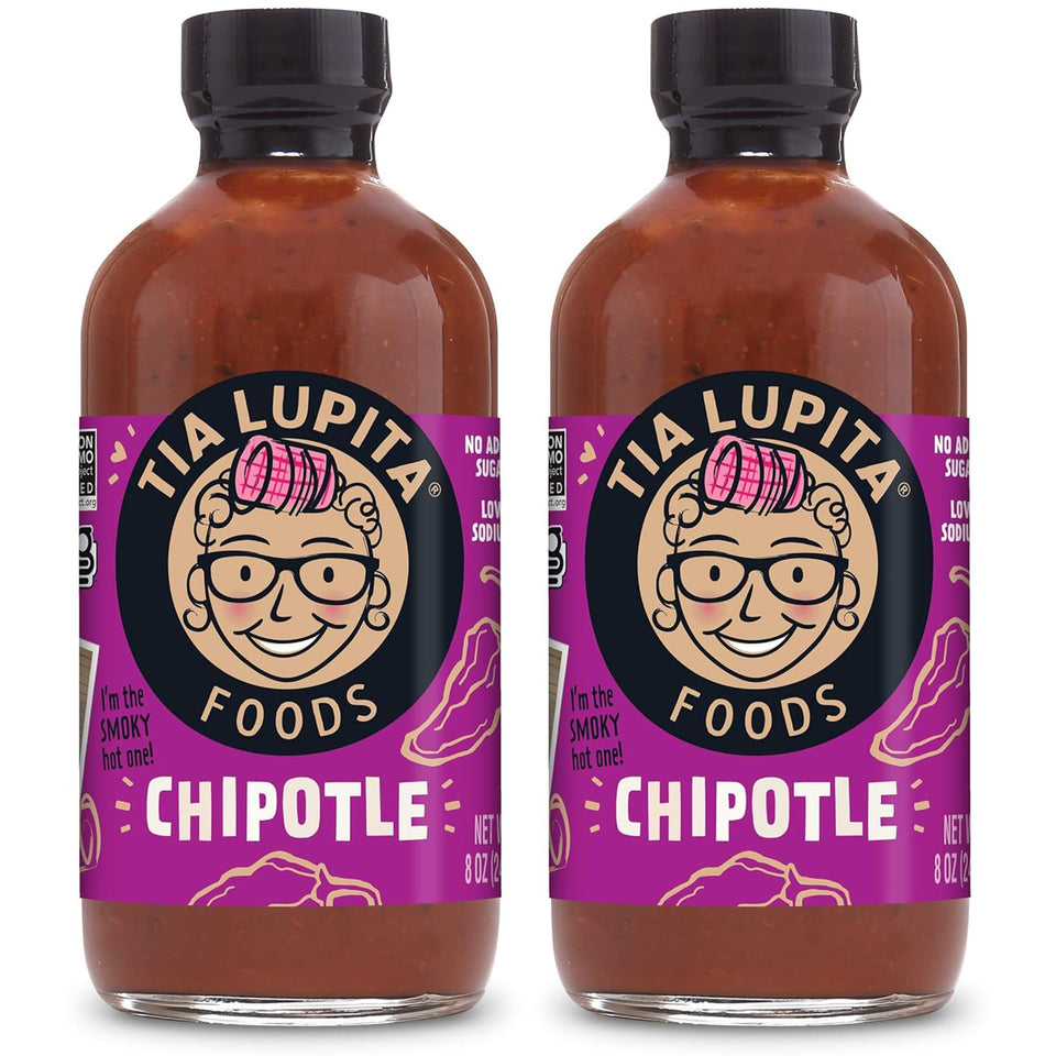 TIA LUPITA Chipotle Hot Sauce bottle showing smoky-sweet flavor for grilled dishes.