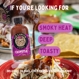 Chipotle Hot Sauce label close-up with gluten-free and keto-friendly notes.