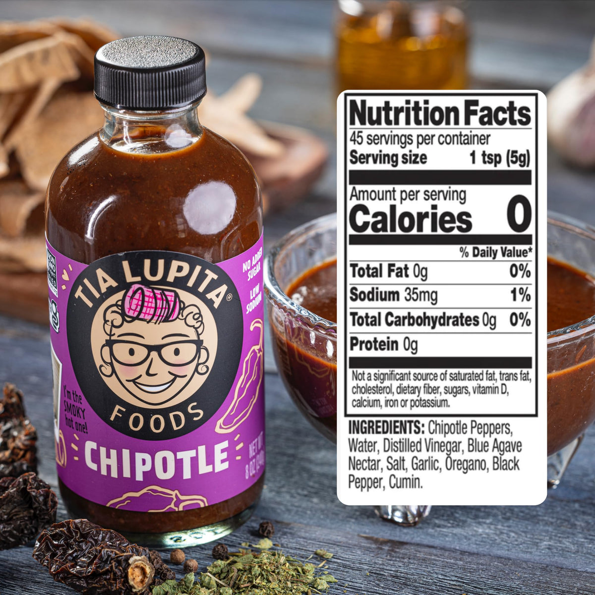 Two 8-ounce bottles of TIA LUPITA Chipotle Hot Sauce in a pack.