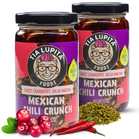 TIA LUPITA Cranberry Chili Crunch bottle with chunky Morita oil for bold flavor.