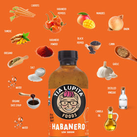 TIA LUPITA Habanero Hot Sauce label close-up highlighting gluten-free and non-GMO.
