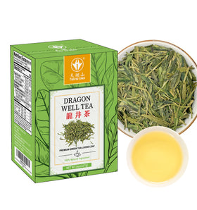 Tian Hu Shan Dragon Well green tea leaves for a smooth, chestnut-flavored brew