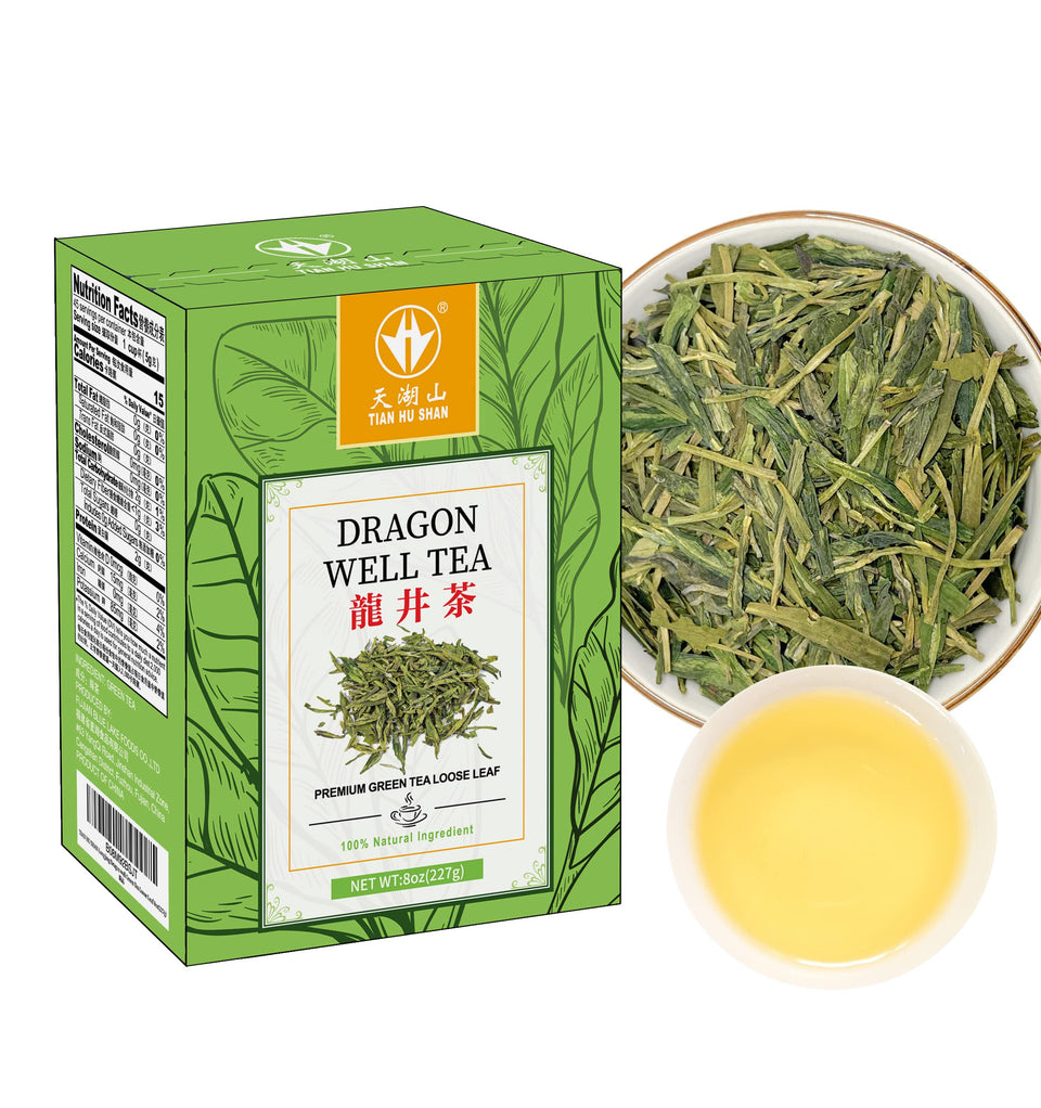 Tian Hu Shan Dragon Well green tea leaves for a smooth, chestnut-flavored brew