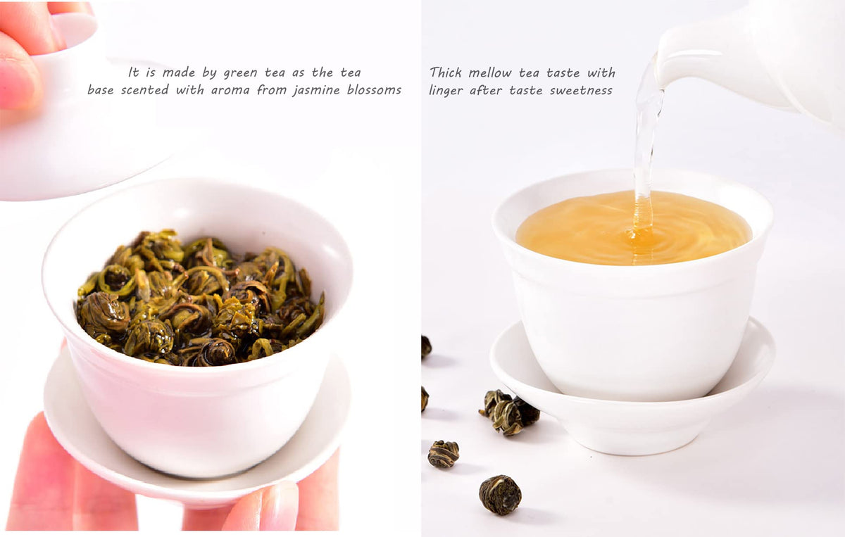 Tea cup and saucer showcase the jasmine-green tea's inviting aroma during a relaxing afternoon.