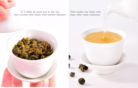 Tea cup and saucer showcase the jasmine-green tea's inviting aroma during a relaxing afternoon.