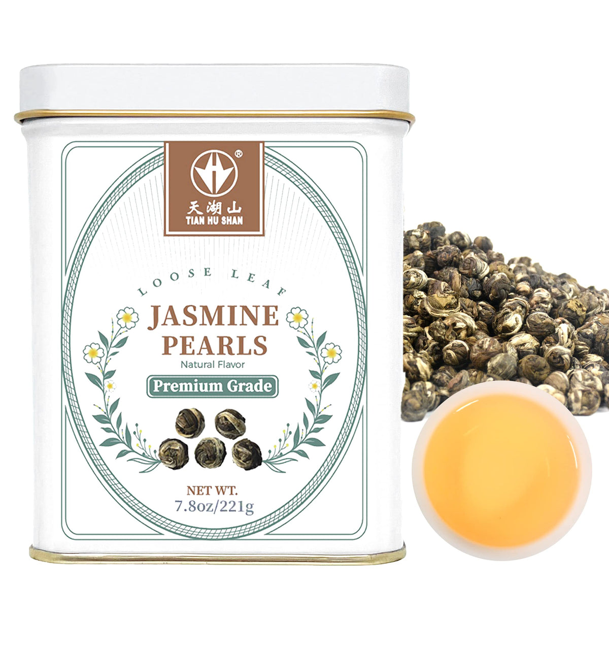 Tian Hu Shan Jasmine Dragon Pearls tea leaves close-up highlighting fragrant jasmine aroma for calm sipping.