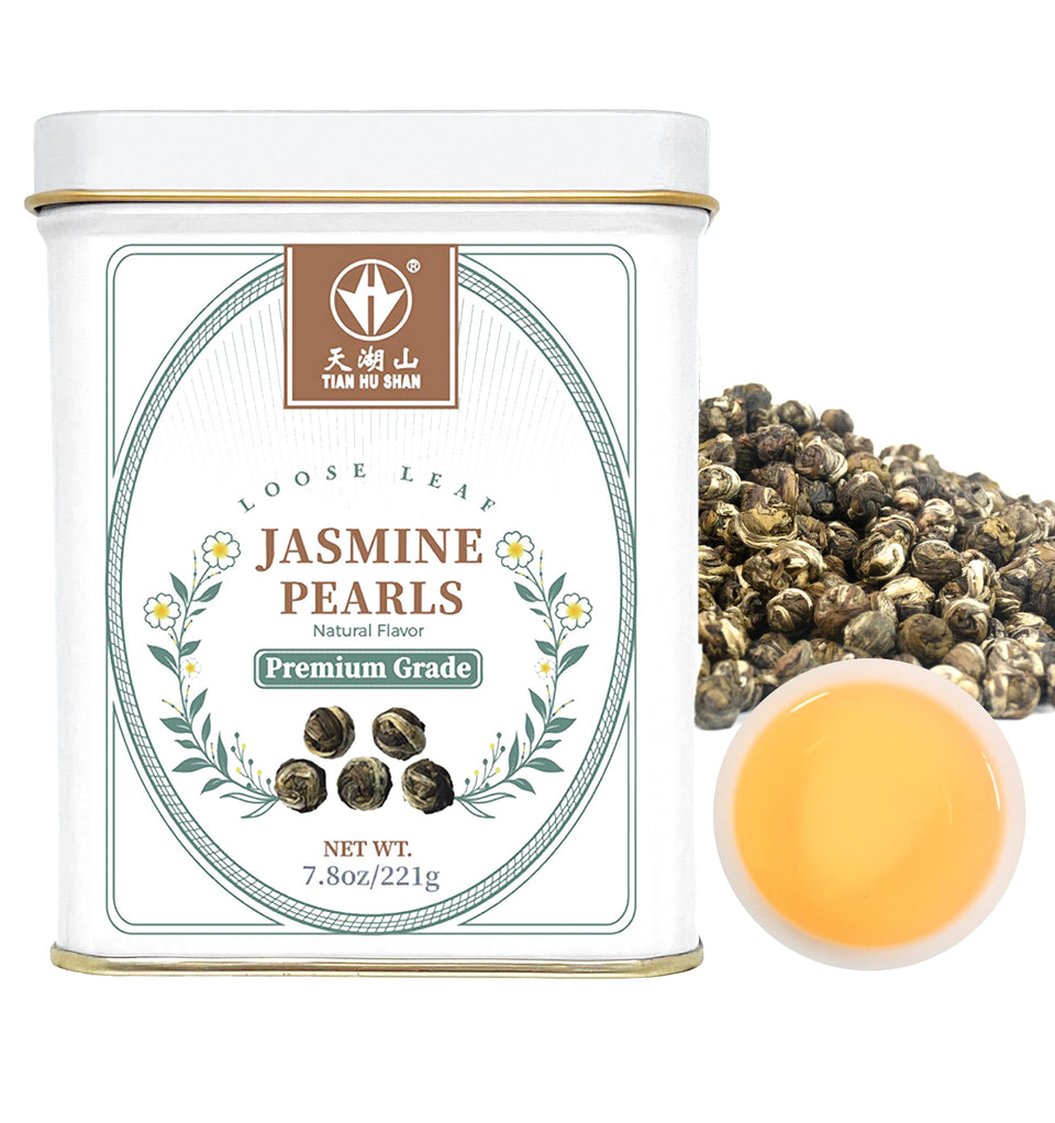 Tian Hu Shan Jasmine Dragon Pearls tea leaves close-up highlighting fragrant jasmine aroma for calm sipping.