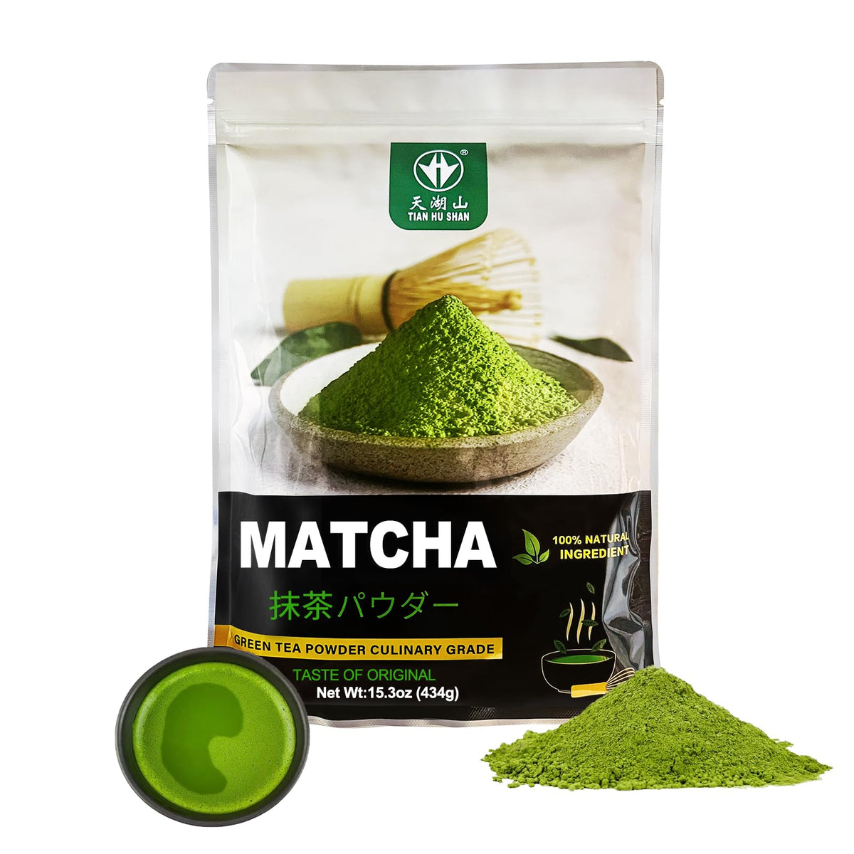 Tian Hu Shan Matcha bag front showcases premium powder for everyday lattes and baking.