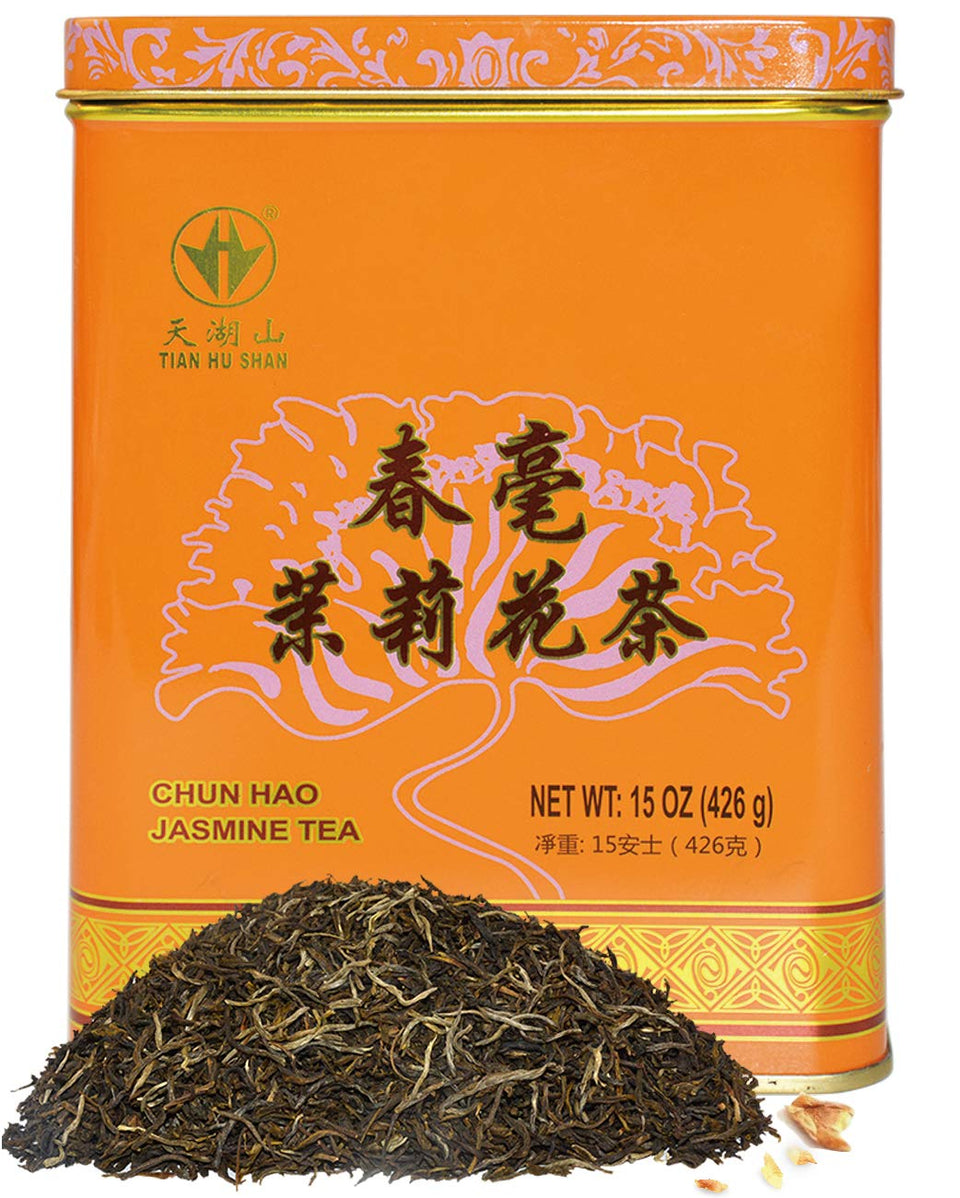 Tian Hu Shan Jasmine Green Tea loose leaf in a jar highlights premium aroma for a refreshing cup
