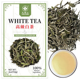 Tian Hu Shan White Tea leaves closeup showing delicate aroma.