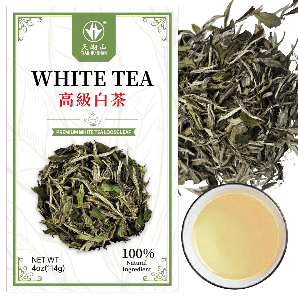 Tian Hu Shan White Tea leaves closeup showing delicate aroma.