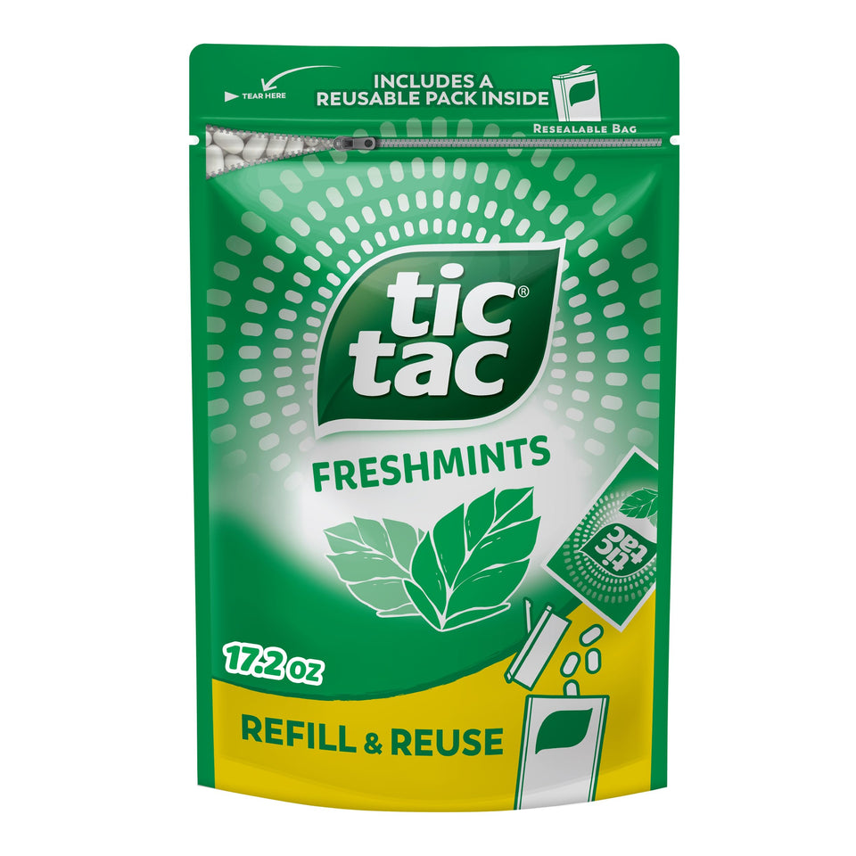 Tic Tac bulk Freshmints refill bag front, convenient on-the-go refresh for busy days.