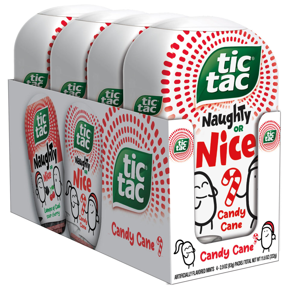Tic Tac Candy Cane mints pack front view, ideal stocking stuffer.