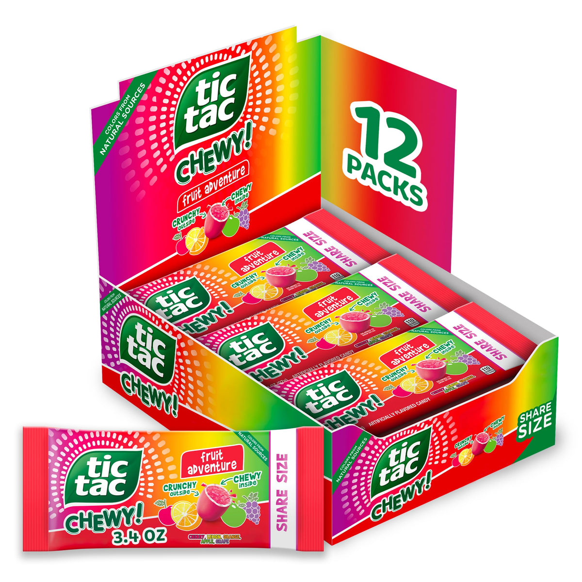 TIC TAC CHEWY Fruit Adventure closeup—burst of fruity flavor for quick snacking.