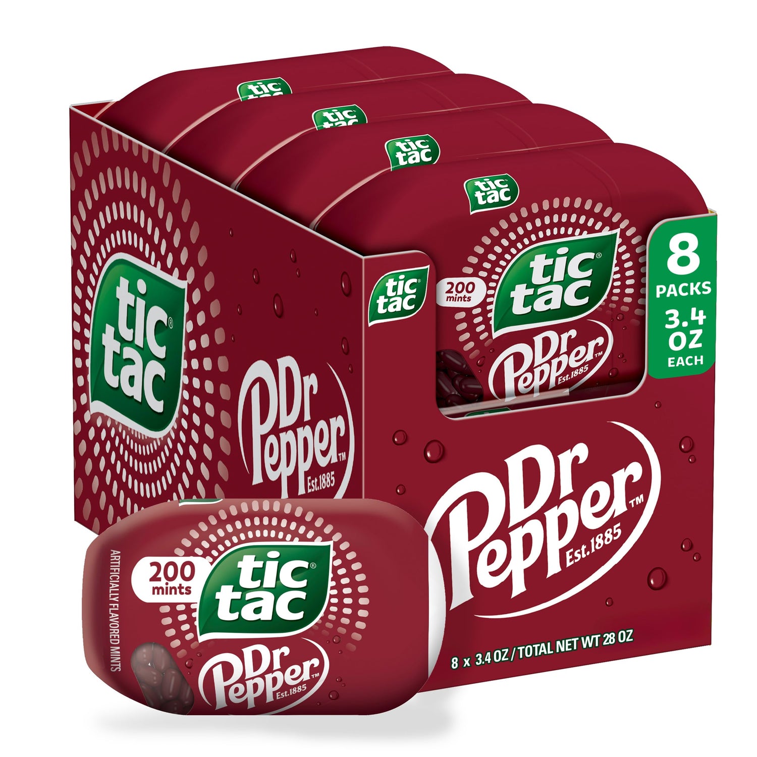 Tic Tac Dr Pepper mints in a front pack view, ideal for on-the-go refreshment.