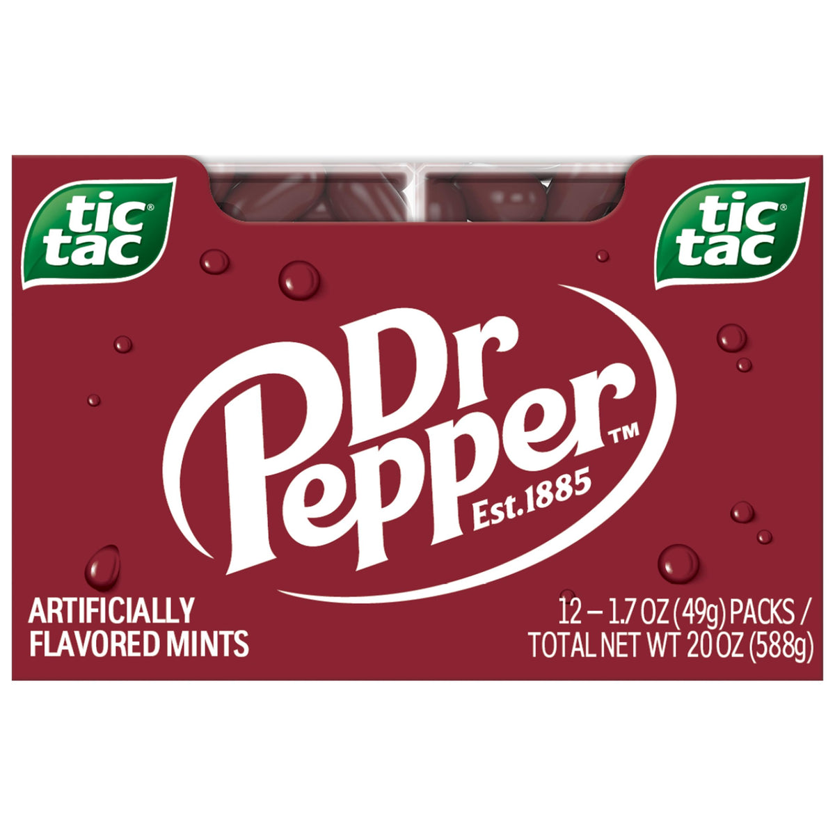 Tic Tac Dr Pepper pack front view, portable refreshment.