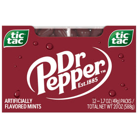 Tic Tac Dr Pepper pack front view, portable refreshment.