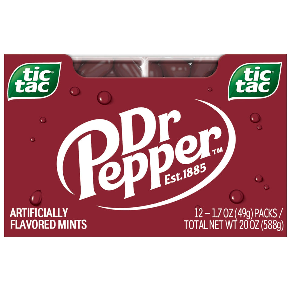Tic Tac Dr Pepper pack front view, portable refreshment.