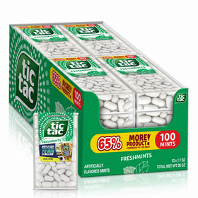 Tic Tac Freshmint pack closeup, compact on-the-go design for quick refreshment.