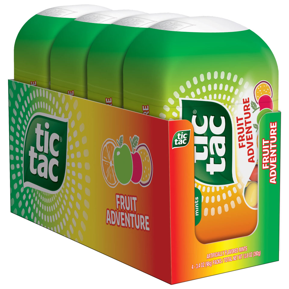 Tic Tac Fruit Adventure bottle front with fruity mint for on-the-go refreshment