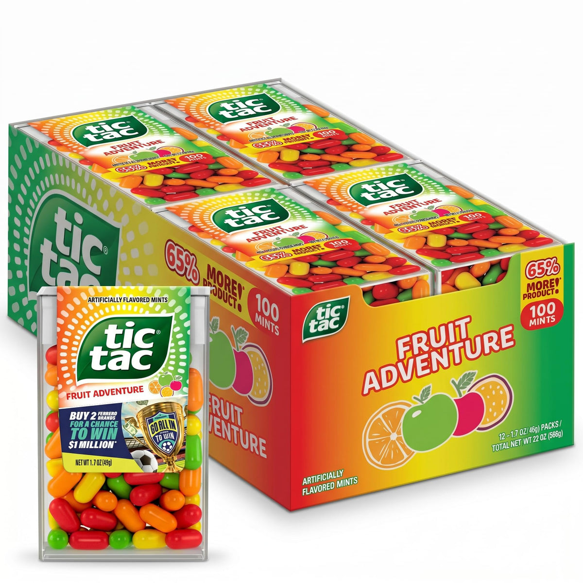 Tic Tac Fruit Adventure pack front view, portable mint refreshment on the go.