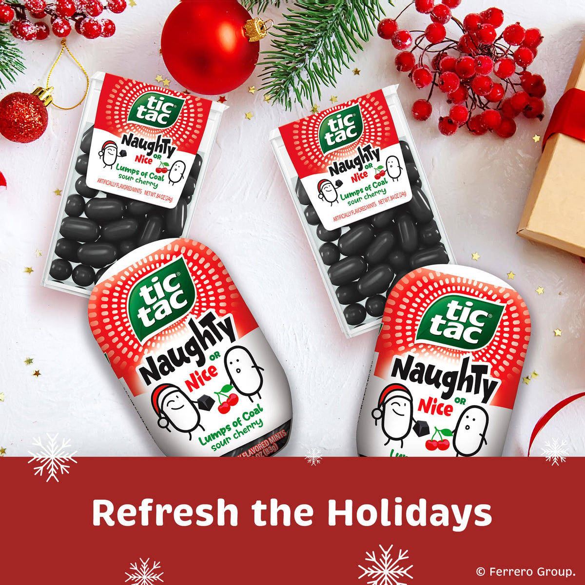 Tic Tac Naughty or Nice Lumps of Coal Sour Cherry pack side for on-the-go refreshment.