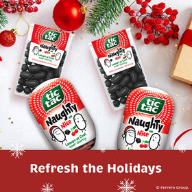 Tic Tac Naughty or Nice Lumps of Coal Sour Cherry pack side for on-the-go refreshment.