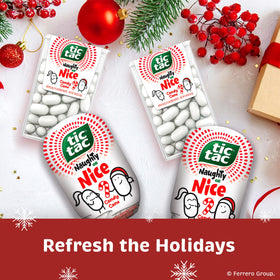 Tic Tac Naughty or Nice Candy Cane mints pack side view, ready for gifting.