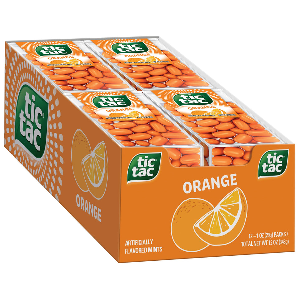Tic Tac orange mints in a 1oz pack, perfect for pocket-sized refreshment.