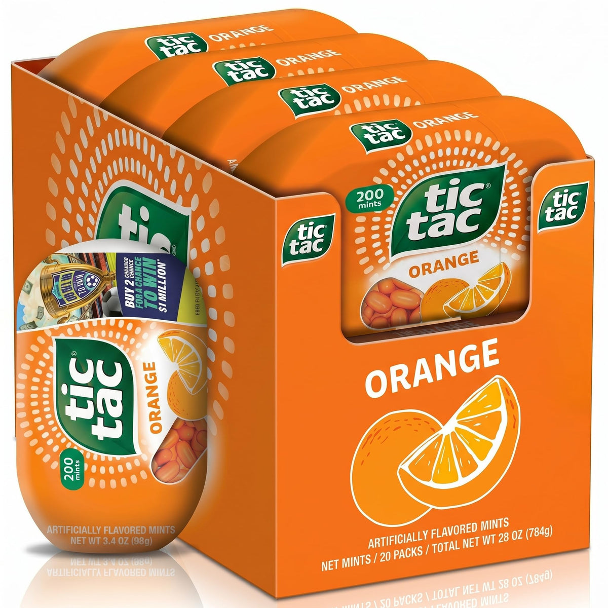 Tic Tac orange mints pack front, portable refreshment ready for daily errands.