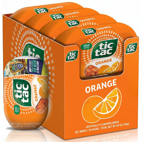 Tic Tac orange mints pack front, portable refreshment ready for daily errands.