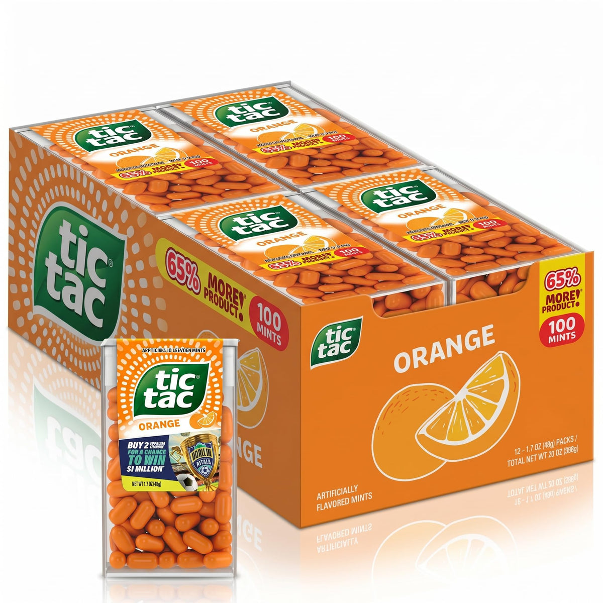 Tic Tac Orange pack front showing portable mint refreshment.