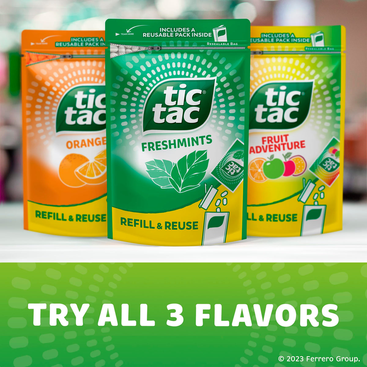 Tic Tac refillable dispenser-pack, versatile storage for quick breath refreshers.