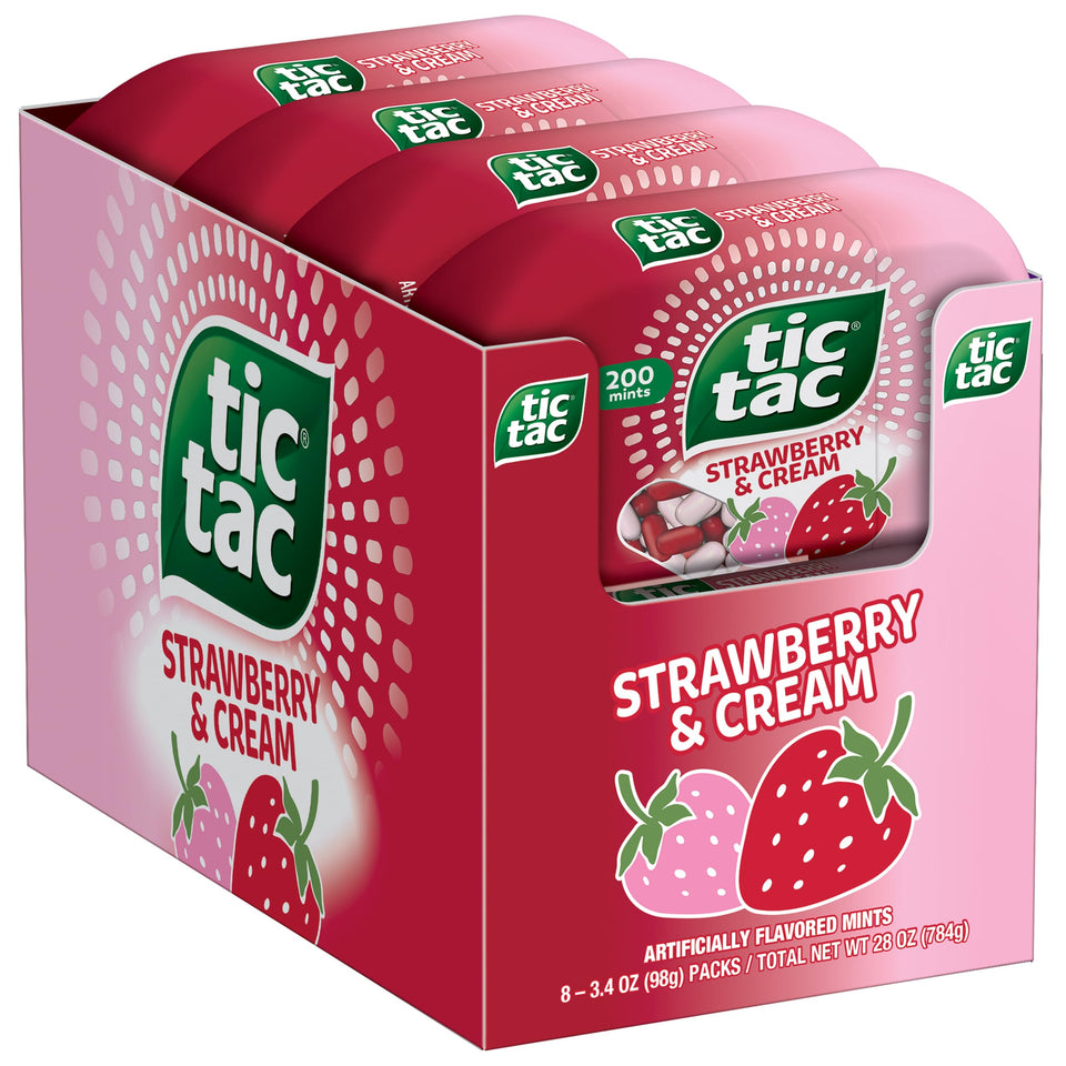 Tic Tac Strawberry & Cream mints bottle showing fruity freshness on the go.