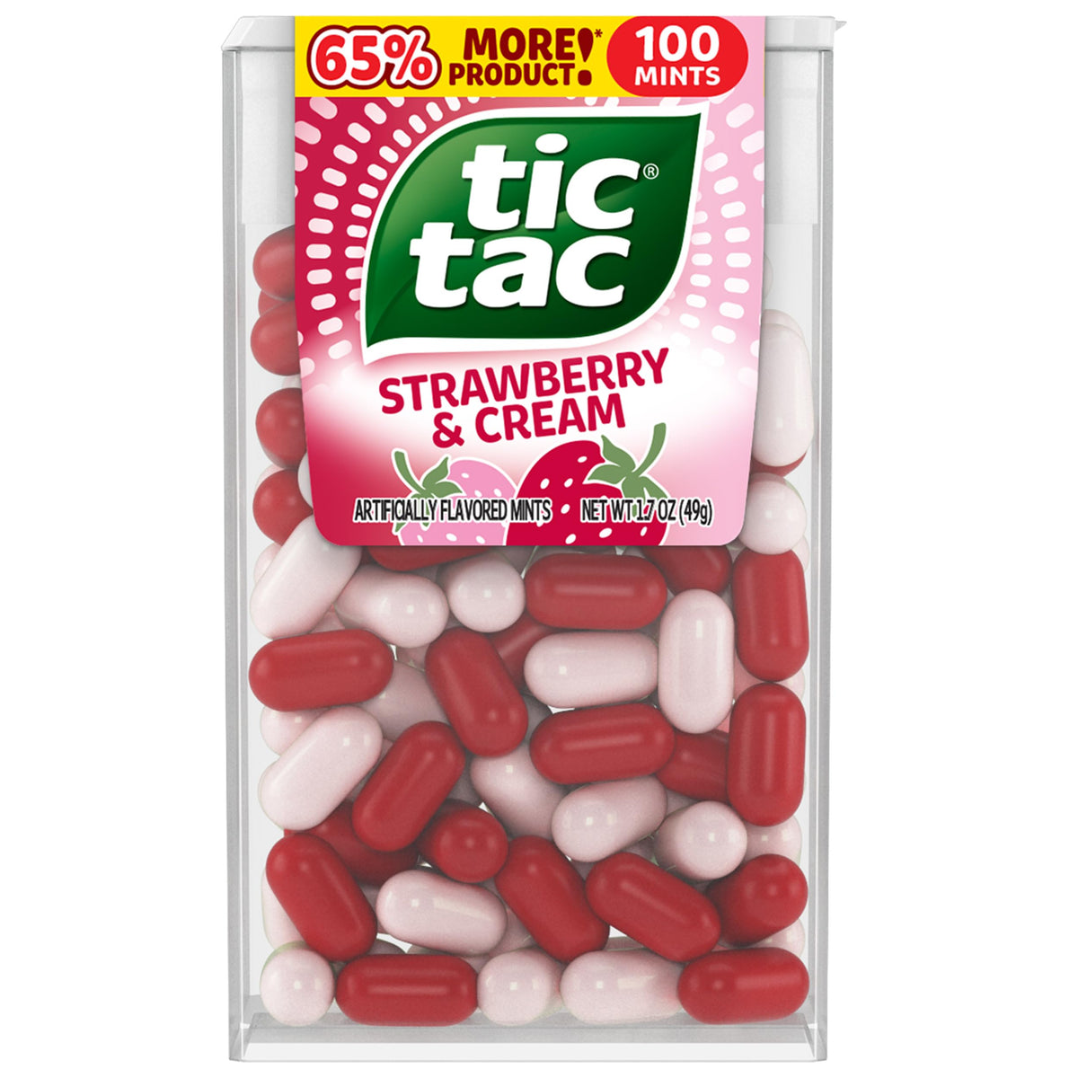 Tic Tac Strawberry and Cream mints close-up showing fruity creamy flavor.