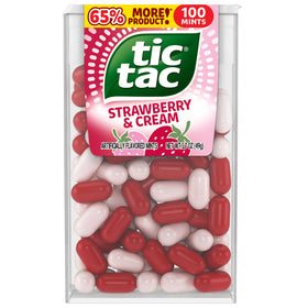 Tic Tac Strawberry and Cream mints close-up showing fruity creamy flavor.