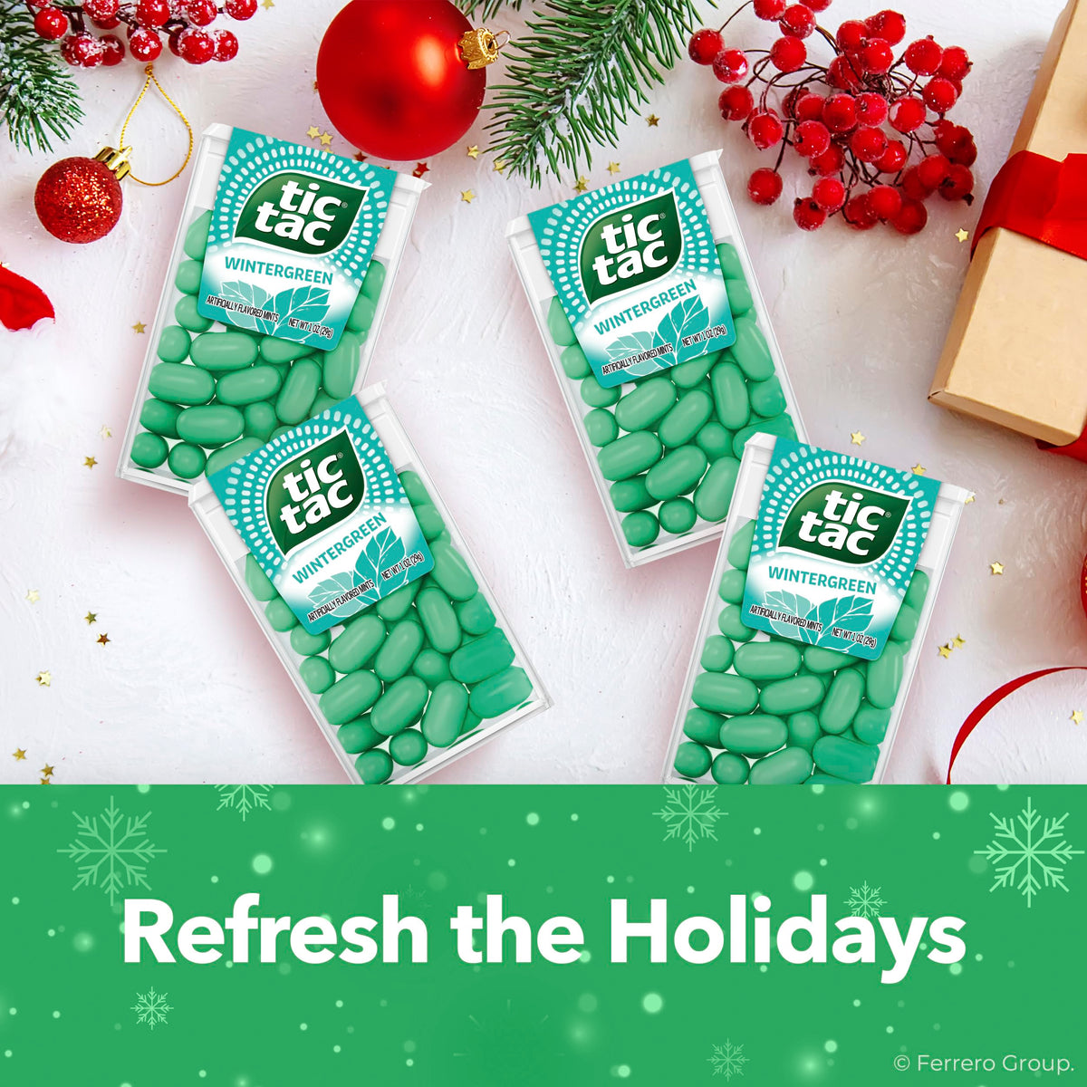 Tic Tac Wintergreen mints on-the-go pack, pocket-sized refreshment.