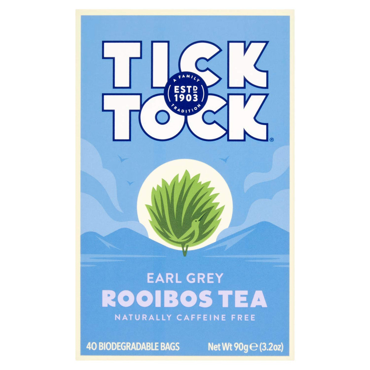 Tick Tock Teas Rooibos Earl Grey tea bag closeup showing natural bergamot flavor.
