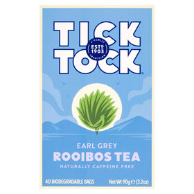 Tick Tock Teas Rooibos Earl Grey tea bag closeup showing natural bergamot flavor.