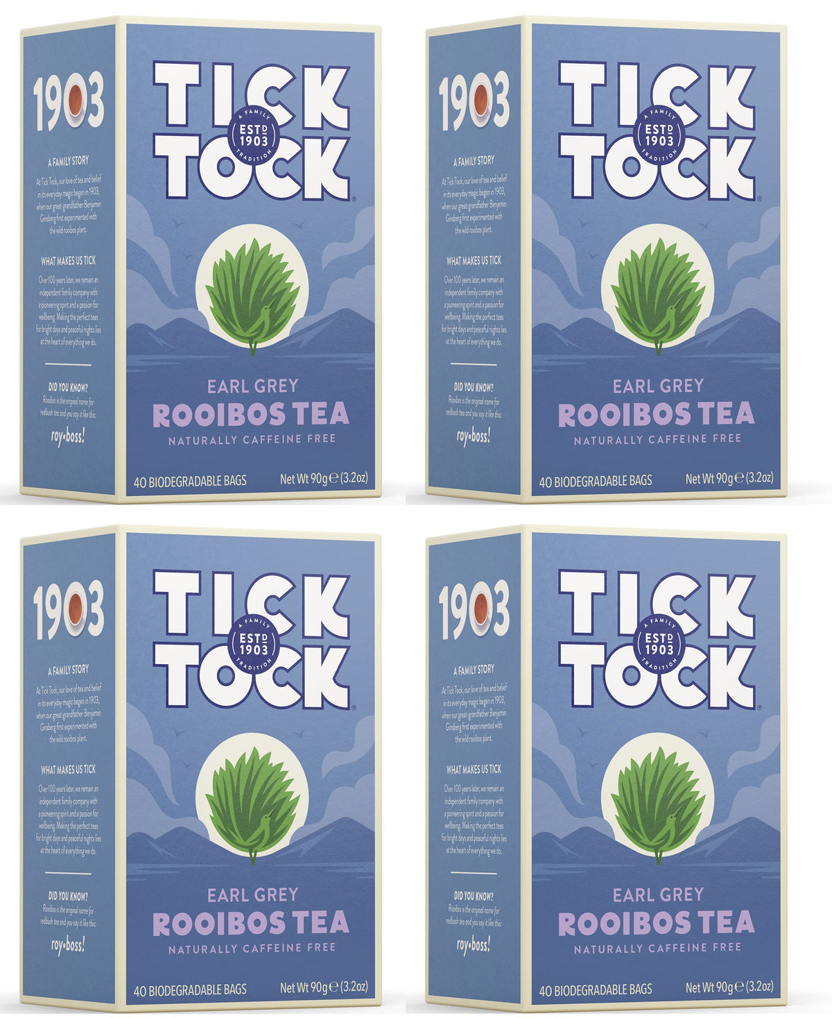 Tick Tock Teas Rooibos Earl Grey packaging in a four-pack for home use.