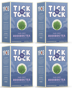 Tick Tock Teas Rooibos Earl Grey packaging in a four-pack for home use.
