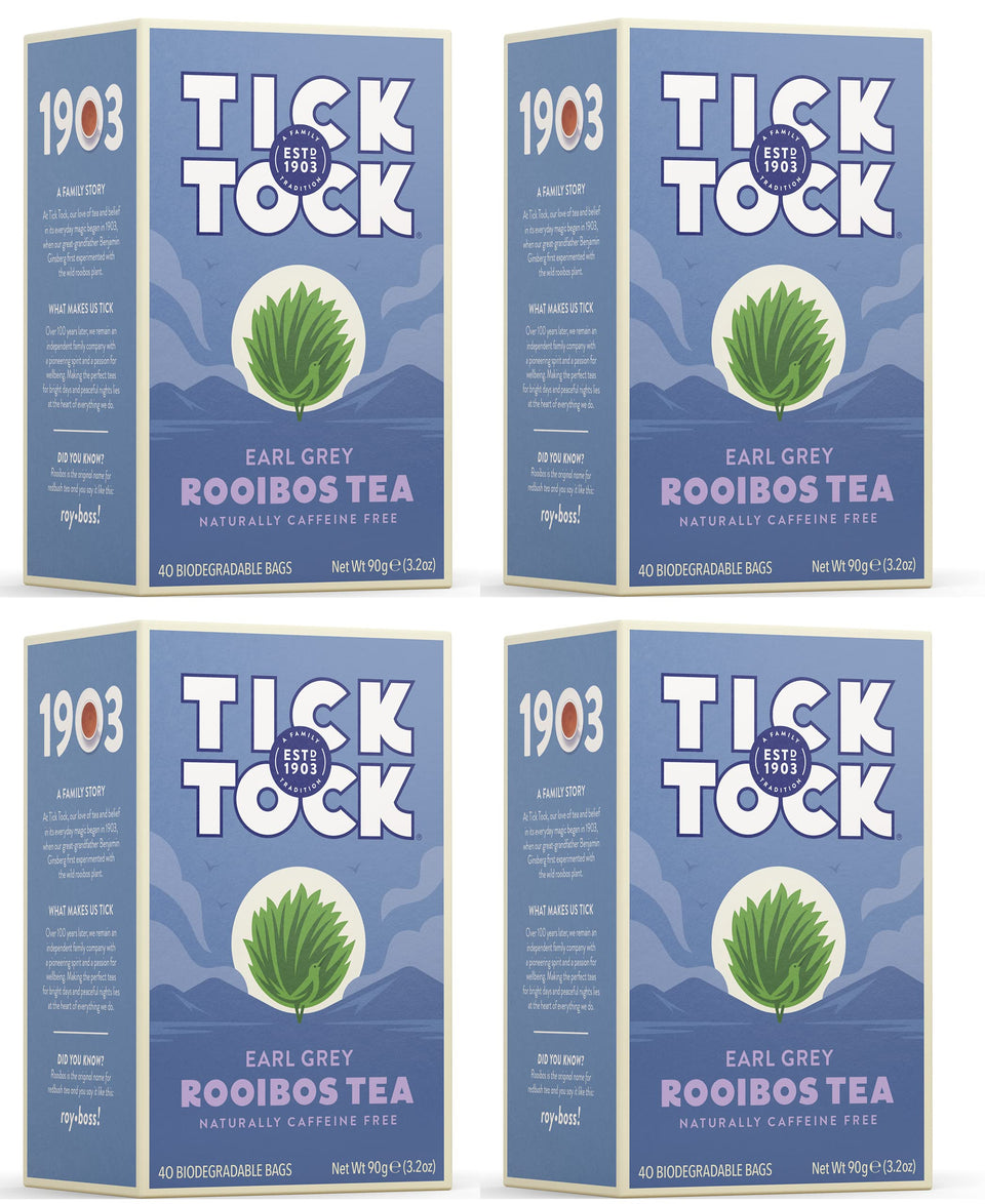Tick Tock Teas Rooibos Earl Grey packaging in a four-pack for home use.