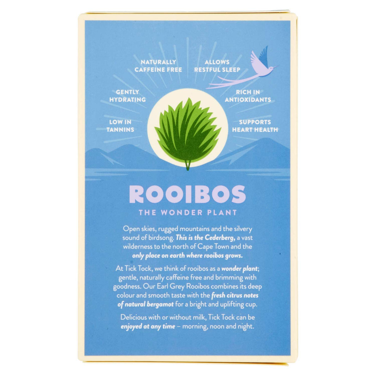 Tick Tock Teas Rooibos red bush tea bag highlights caffeine-free tea.