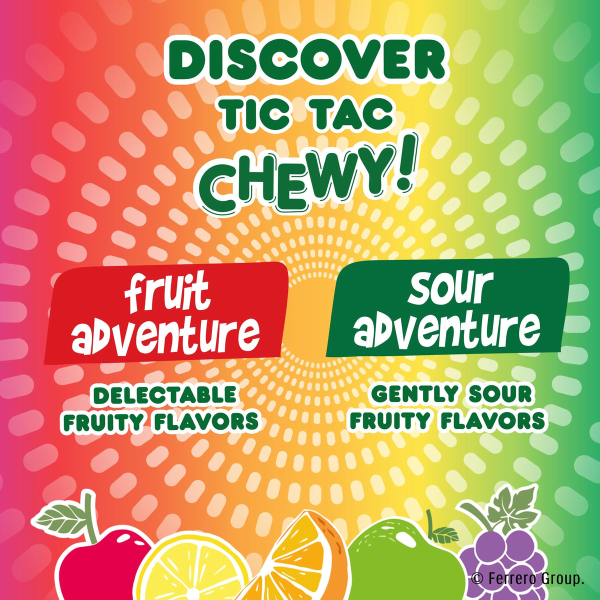 Tic Tac Chewy Sour Adventure naturally colored candies suitable for gluten-free snacking.