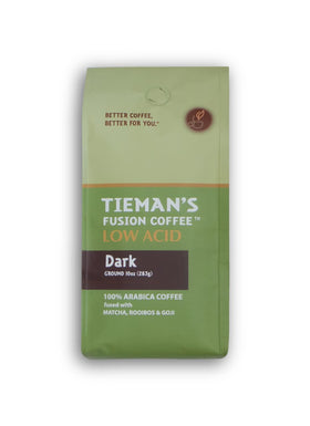 Tieman's Fusion Coffee front label shows a low-acid dark roast for smoother mornings.