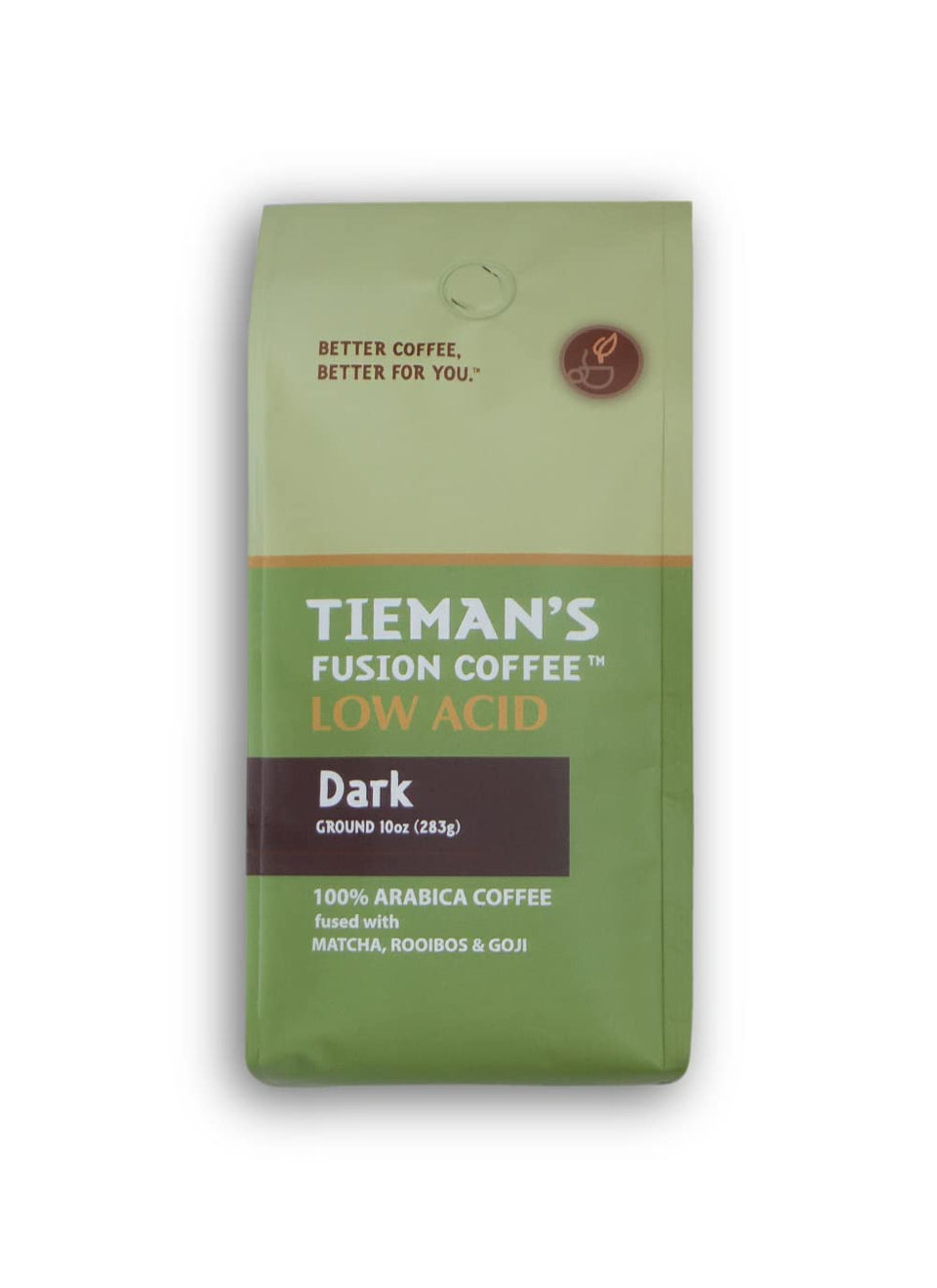 Tieman's Fusion Coffee front label shows a low-acid dark roast for smoother mornings.
