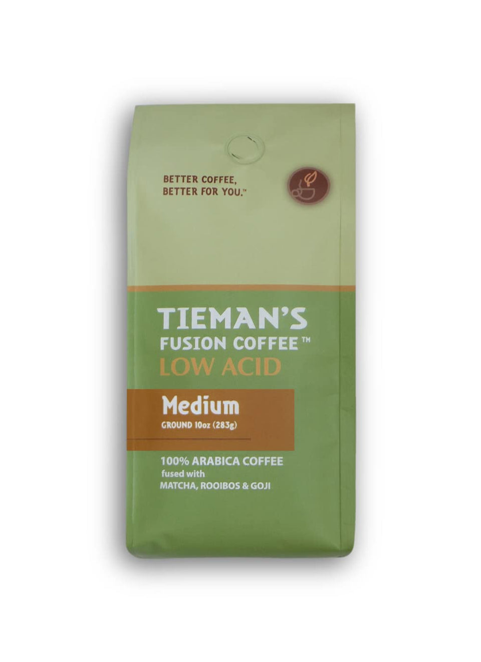 Tieman's Fusion Coffee low-acid ground bag with smooth, balanced flavor for daily mornings.