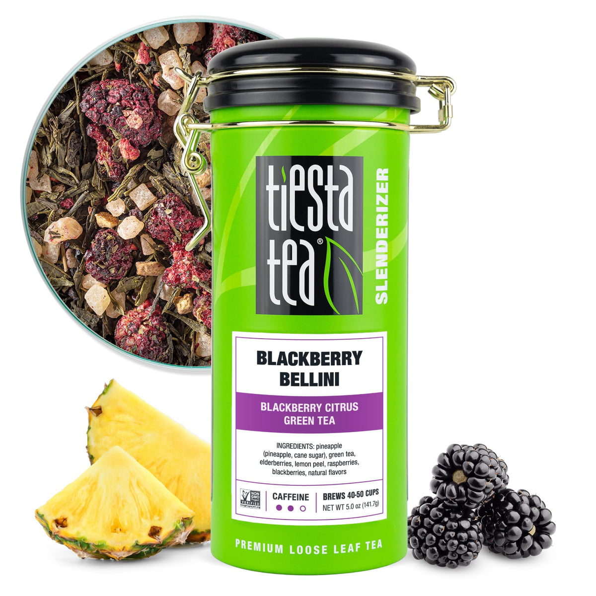 Tiesta Tea Blackberry Bellini loose leaf close-up highlighting ripe berries and citrus aroma for a summer refresh