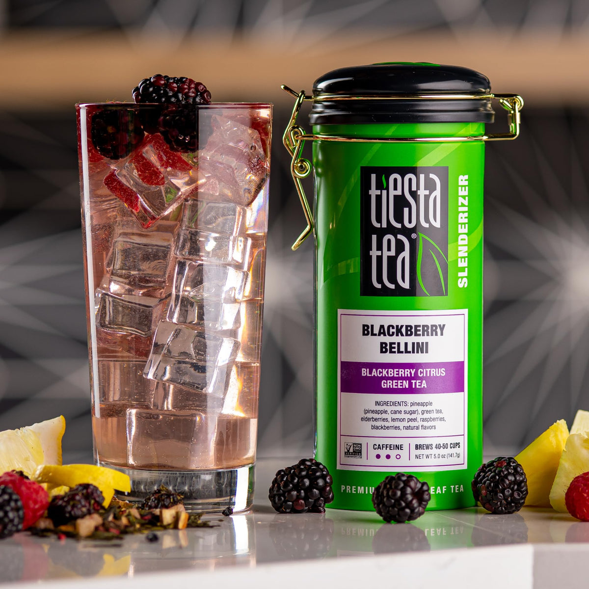 Tiesta Tea Blackberry Bellini green tea with blackberry and citrus notes, ideal for hot or iced brews